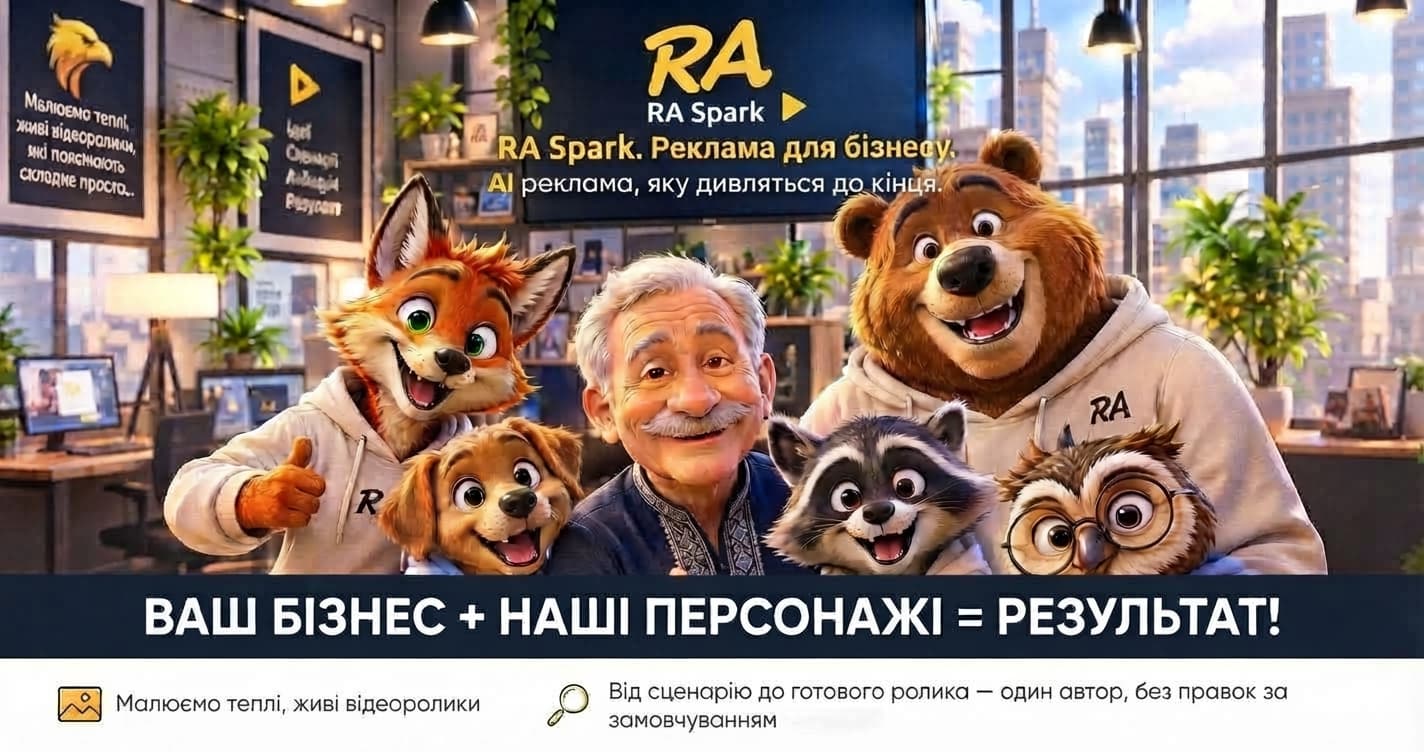 Команда персонажів студії RA Spark разом із засновником в мультяшному офісі